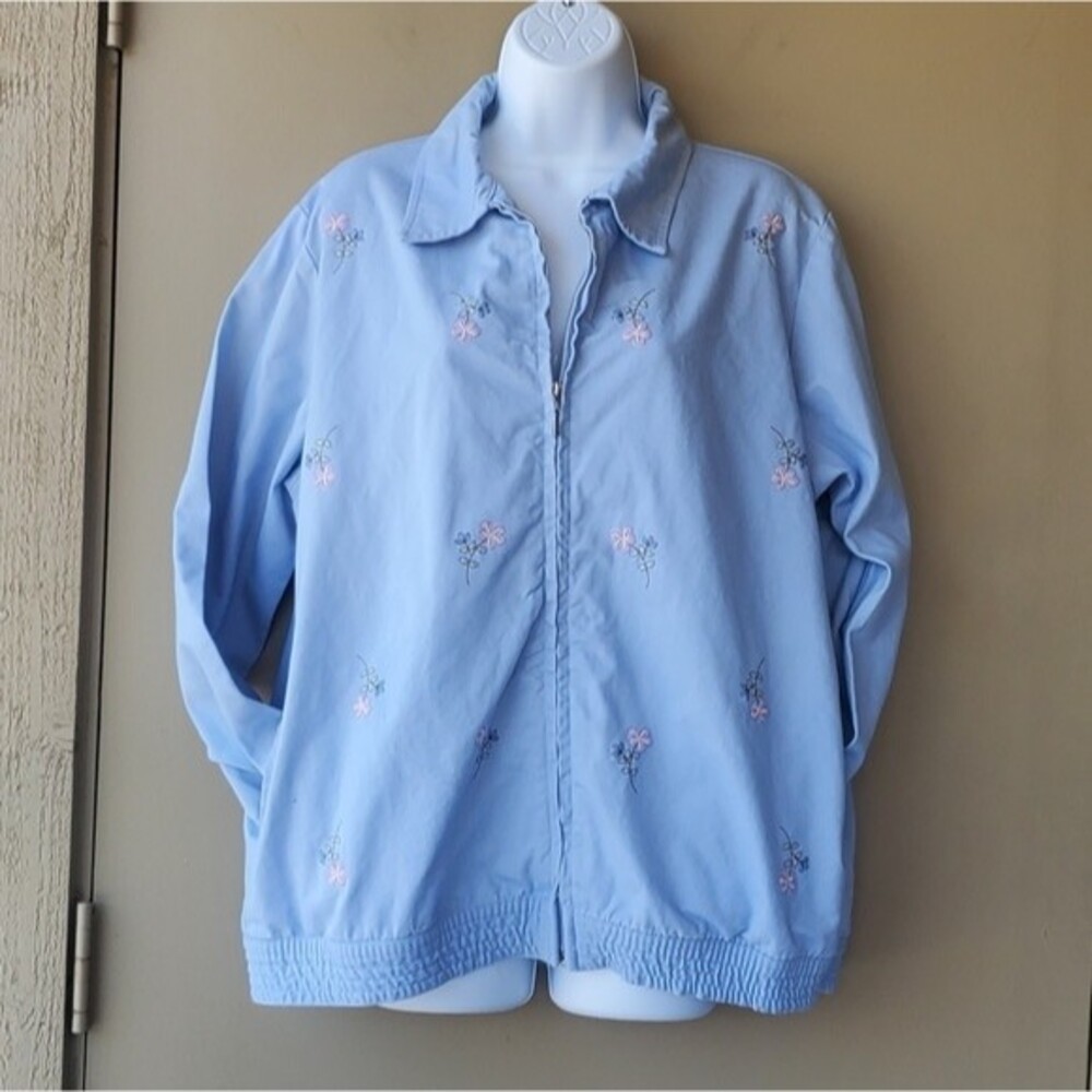 Vintage 1990s Womens Blue Floral Grandma Coquette Cottage Core Full zip Jacket